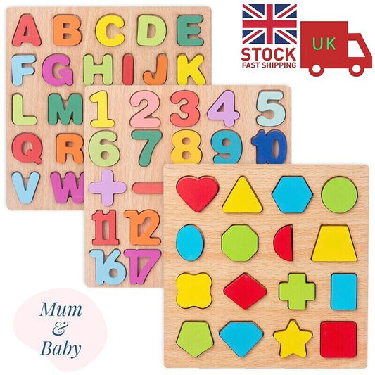 Kids Educational 3D Puzzle Wooden Board Toy Colourful ABC Alphabet Number Shapes
